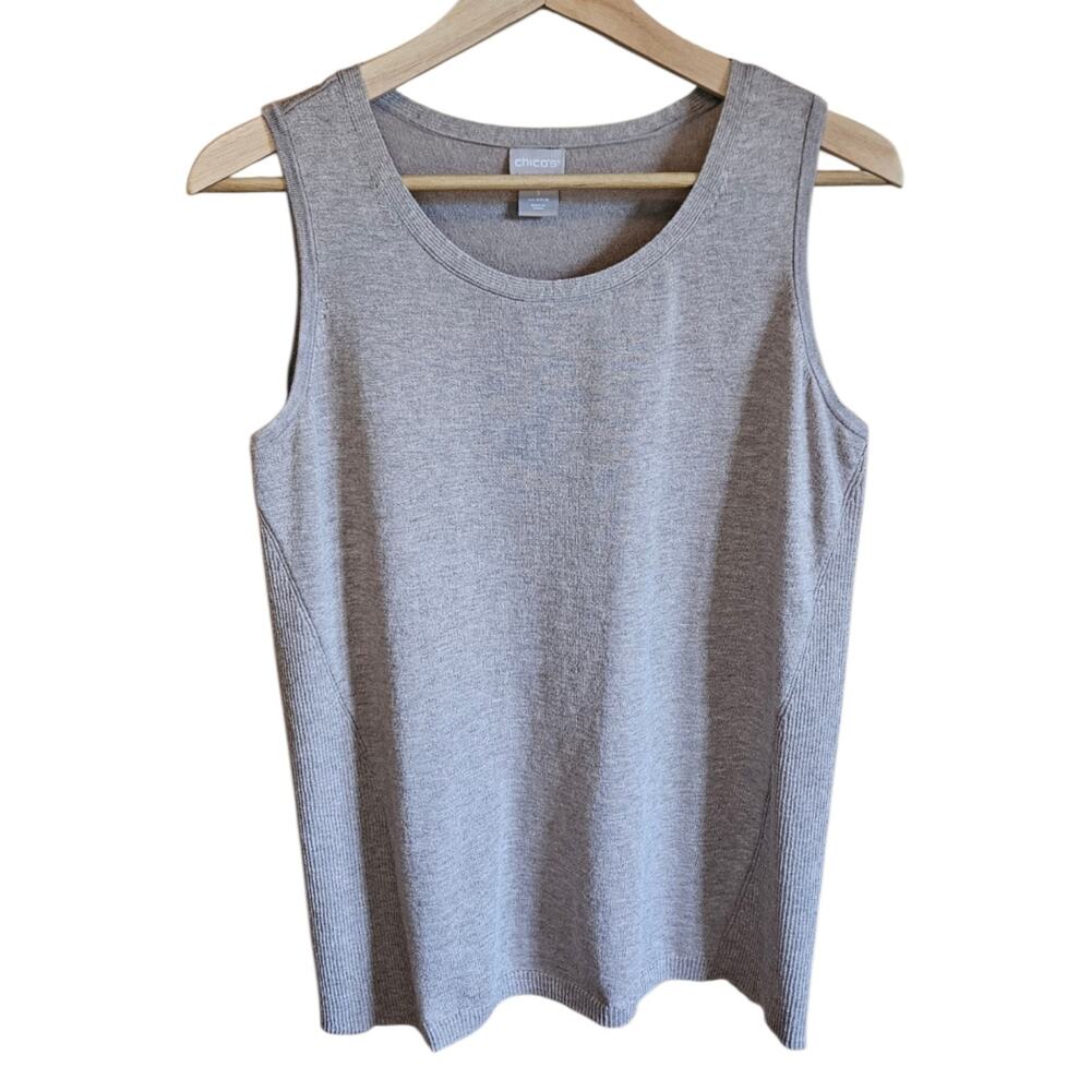 Chico's Size 1 US M Taupe Fine Knit Scoop Neck Tank Top Ribbed Trim